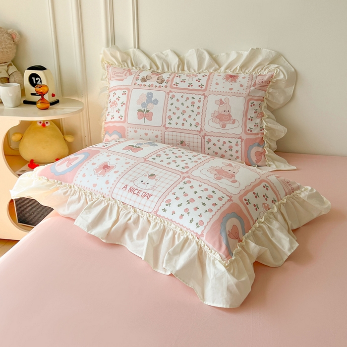 91家纺网 家纺一手货源 找家纺 涵宸家纺 2025新款A类全棉双层纱荷叶花边四件套 花边-粉黛