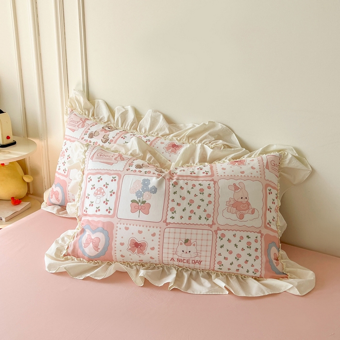 91家纺网 家纺一手货源 找家纺 涵宸家纺 2025新款A类全棉双层纱荷叶花边四件套 花边-粉黛