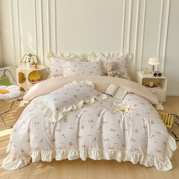 91家纺网 家纺一手货源 找家纺 涵宸家纺 2025新款A类全棉双层纱荷叶花边四件套 花边-哈基米