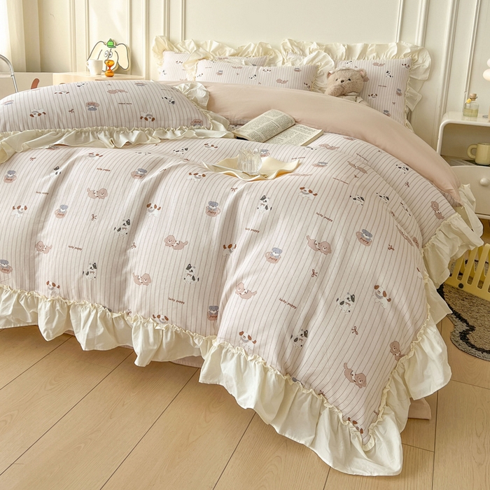 91家纺网 家纺一手货源 找家纺 涵宸家纺 2025新款A类全棉双层纱荷叶花边四件套 花边-哈基米