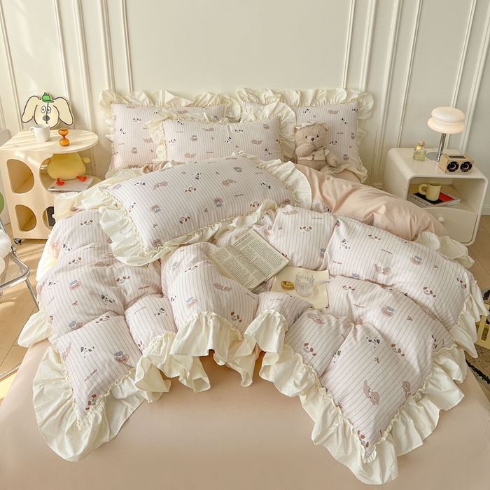 91家纺网 家纺一手货源 找家纺 涵宸家纺 2025新款A类全棉双层纱荷叶花边四件套 花边-哈基米