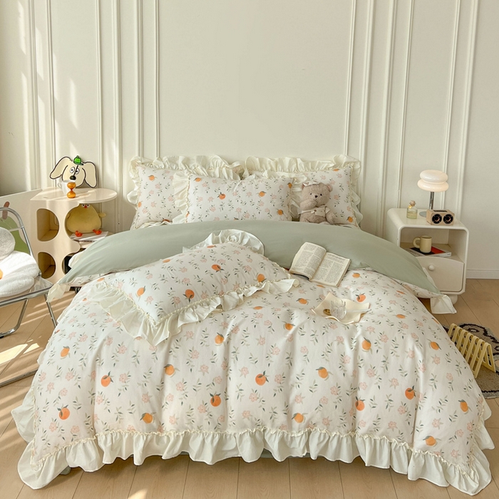 91家纺网 家纺一手货源 找家纺 涵宸家纺 2025新款A类全棉双层纱荷叶花边四件套 花边-橘子花