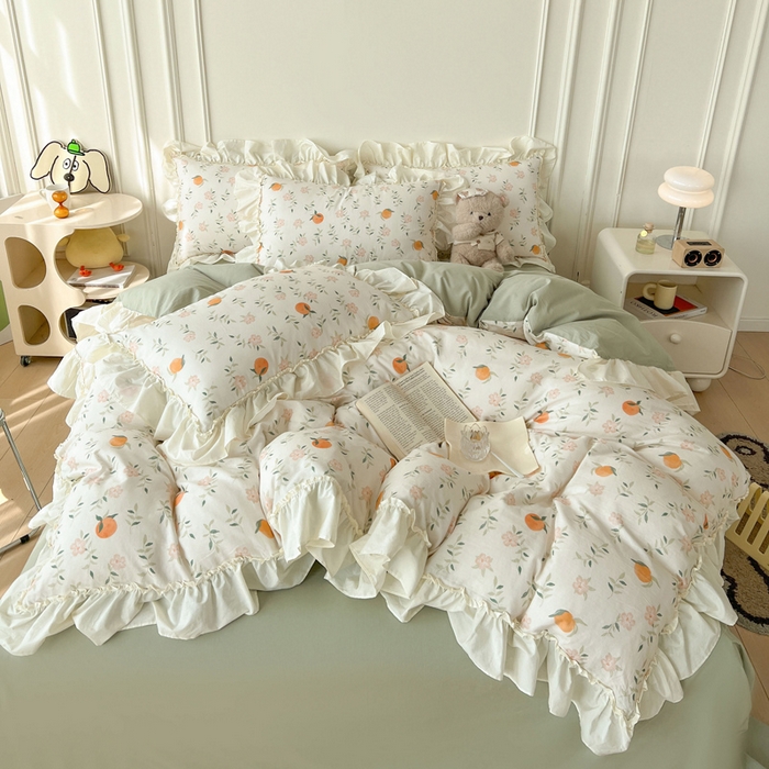 91家纺网 家纺一手货源 找家纺 涵宸家纺 2025新款A类全棉双层纱荷叶花边四件套 花边-橘子花