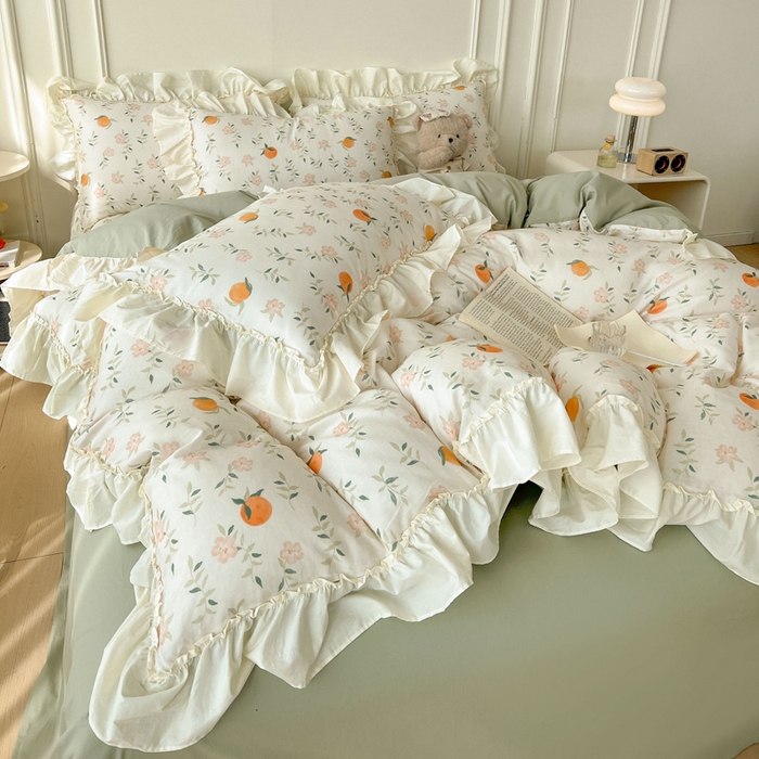 91家纺网 家纺一手货源 找家纺 涵宸家纺 2025新款A类全棉双层纱荷叶花边四件套 花边-橘子花