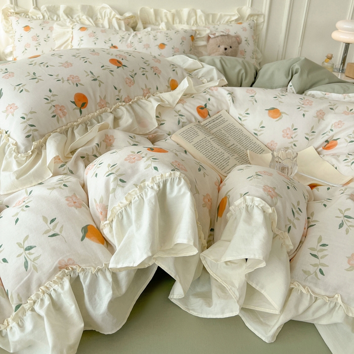 91家纺网 家纺一手货源 找家纺 涵宸家纺 2025新款A类全棉双层纱荷叶花边四件套 花边-橘子花