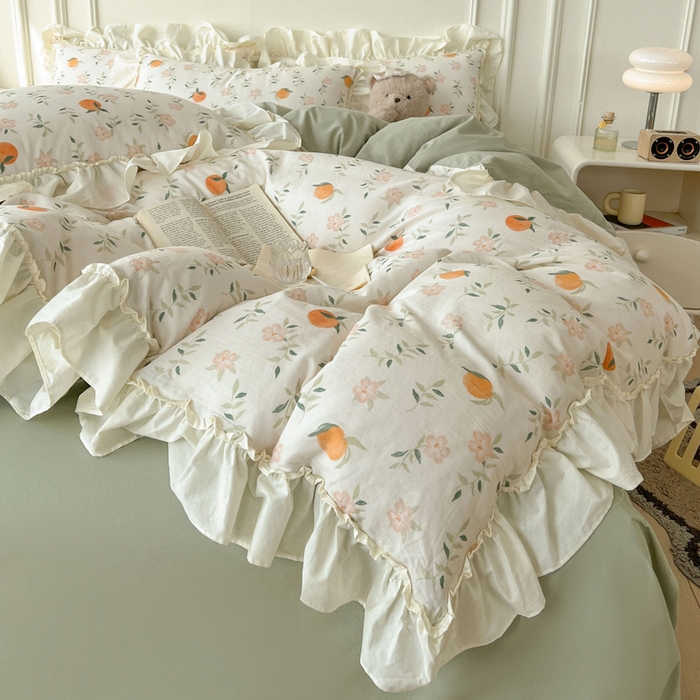 91家纺网 家纺一手货源 找家纺 涵宸家纺 2025新款A类全棉双层纱荷叶花边四件套 花边-橘子花