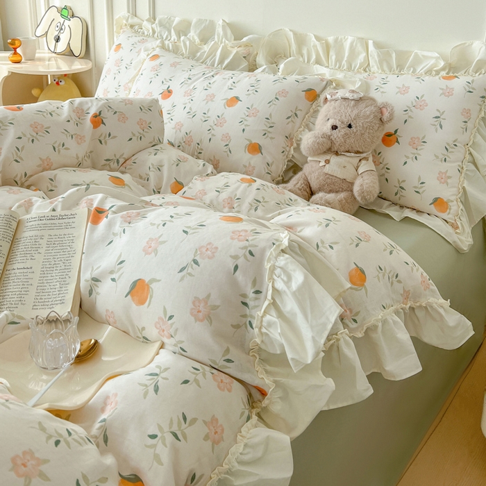 91家纺网 家纺一手货源 找家纺 涵宸家纺 2025新款A类全棉双层纱荷叶花边四件套 花边-橘子花