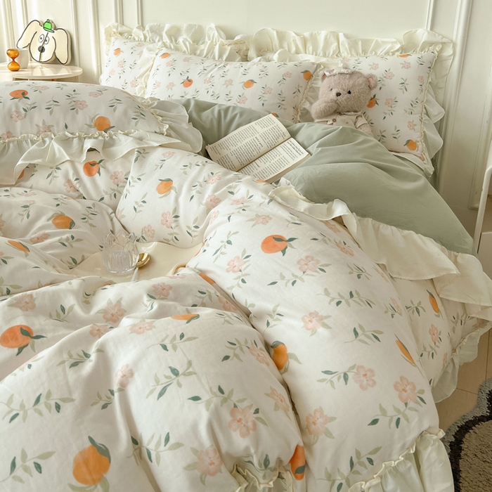 91家纺网 家纺一手货源 找家纺 涵宸家纺 2025新款A类全棉双层纱荷叶花边四件套 花边-橘子花