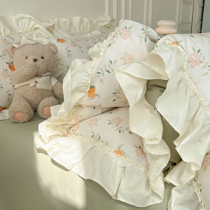 91家纺网 家纺一手货源 找家纺 涵宸家纺 2025新款A类全棉双层纱荷叶花边四件套 花边-橘子花