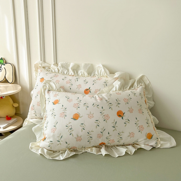 91家纺网 家纺一手货源 找家纺 涵宸家纺 2025新款A类全棉双层纱荷叶花边四件套 花边-橘子花