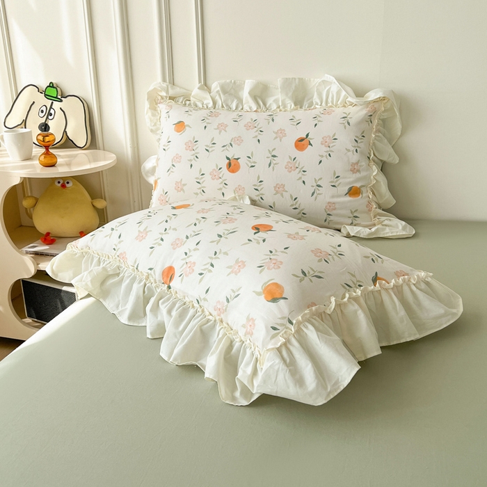 91家纺网 家纺一手货源 找家纺 涵宸家纺 2025新款A类全棉双层纱荷叶花边四件套 花边-橘子花