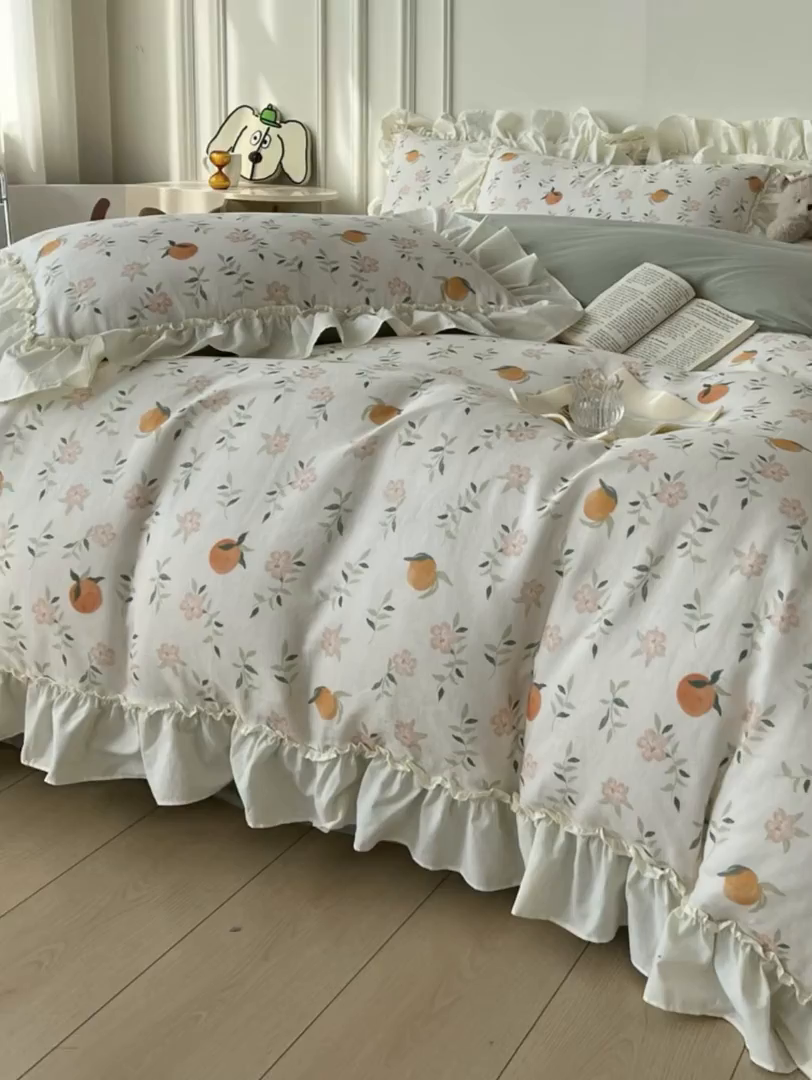 91家纺网 家纺一手货源 找家纺 涵宸家纺 2025新款A类全棉双层纱荷叶花边四件套 花边-橘子花
