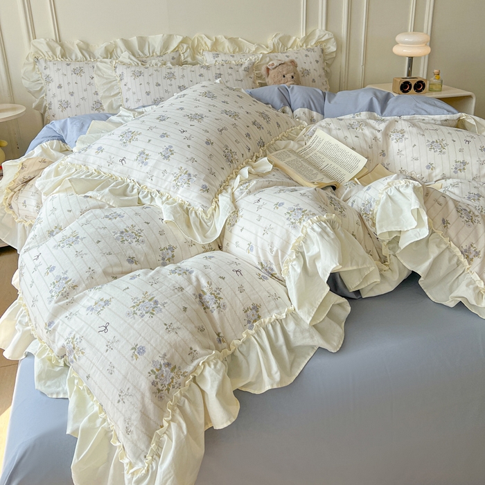 91家纺网 家纺一手货源 找家纺 涵宸家纺 2025新款A类全棉双层纱荷叶花边四件套 花边-蓝萱