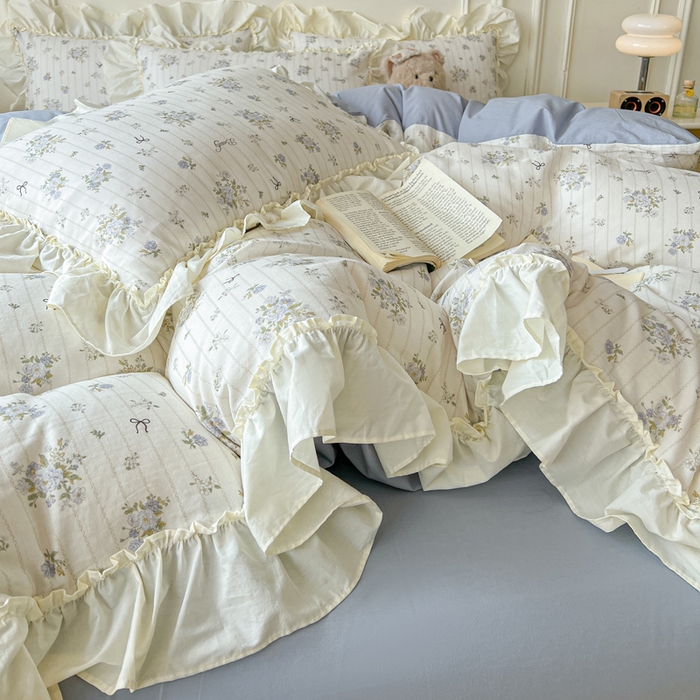 91家纺网 家纺一手货源 找家纺 涵宸家纺 2025新款A类全棉双层纱荷叶花边四件套 花边-蓝萱