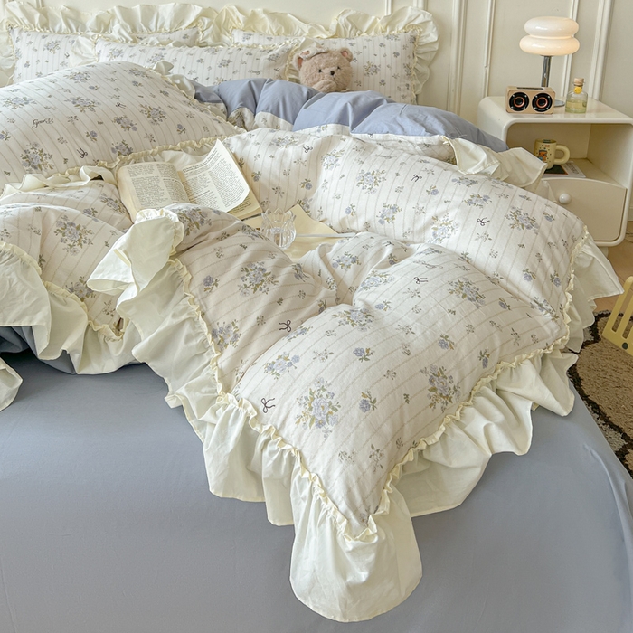 91家纺网 家纺一手货源 找家纺 涵宸家纺 2025新款A类全棉双层纱荷叶花边四件套 花边-蓝萱