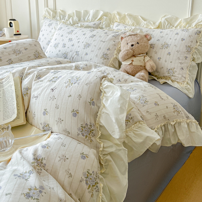 91家纺网 家纺一手货源 找家纺 涵宸家纺 2025新款A类全棉双层纱荷叶花边四件套 花边-蓝萱