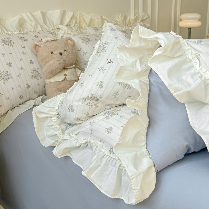 91家纺网 家纺一手货源 找家纺 涵宸家纺 2025新款A类全棉双层纱荷叶花边四件套 花边-蓝萱