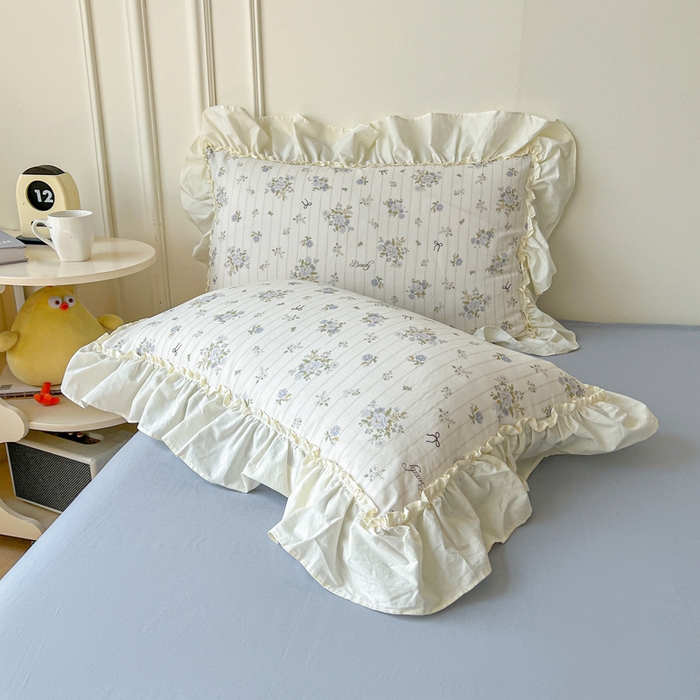 91家纺网 家纺一手货源 找家纺 涵宸家纺 2025新款A类全棉双层纱荷叶花边四件套 花边-蓝萱