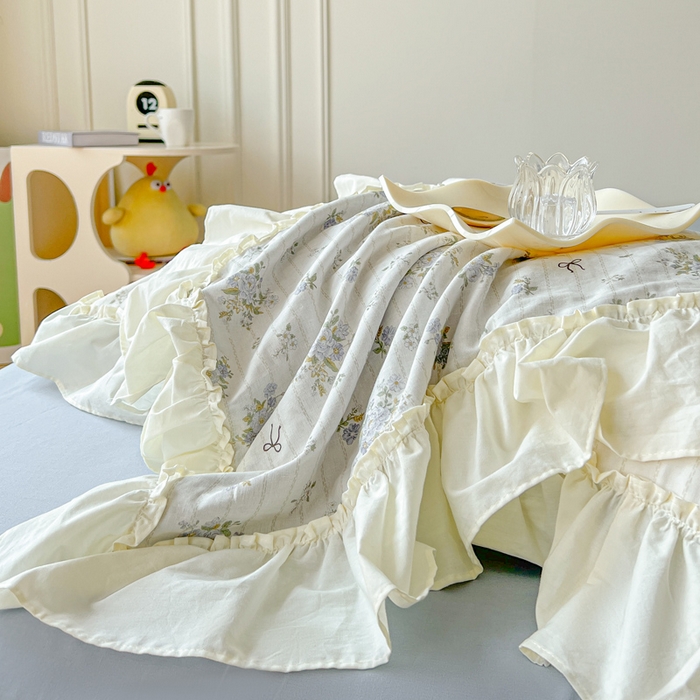 91家纺网 家纺一手货源 找家纺 涵宸家纺 2025新款A类全棉双层纱荷叶花边四件套 花边-蓝萱