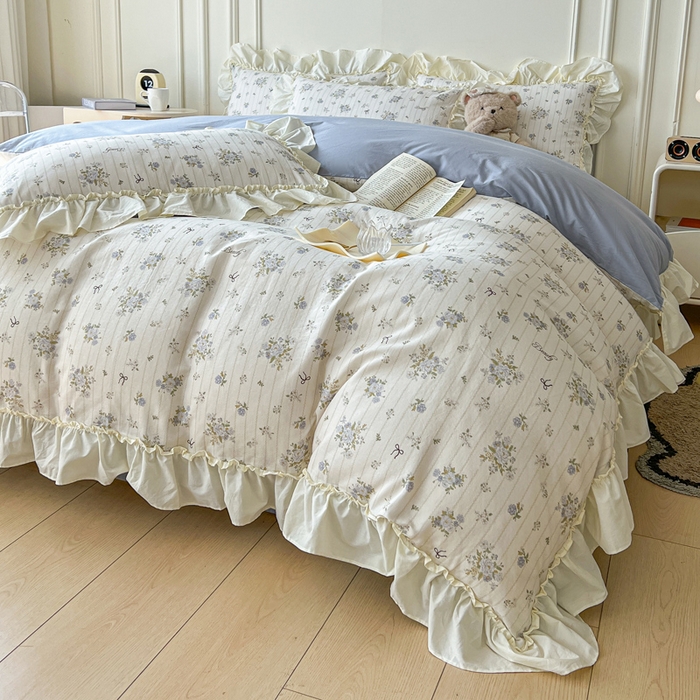 91家纺网 家纺一手货源 找家纺 涵宸家纺 2025新款A类全棉双层纱荷叶花边四件套 花边-蓝萱