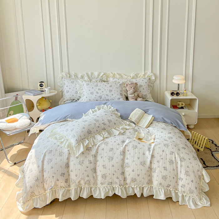 91家纺网 家纺一手货源 找家纺 涵宸家纺 2025新款A类全棉双层纱荷叶花边四件套 花边-蓝萱