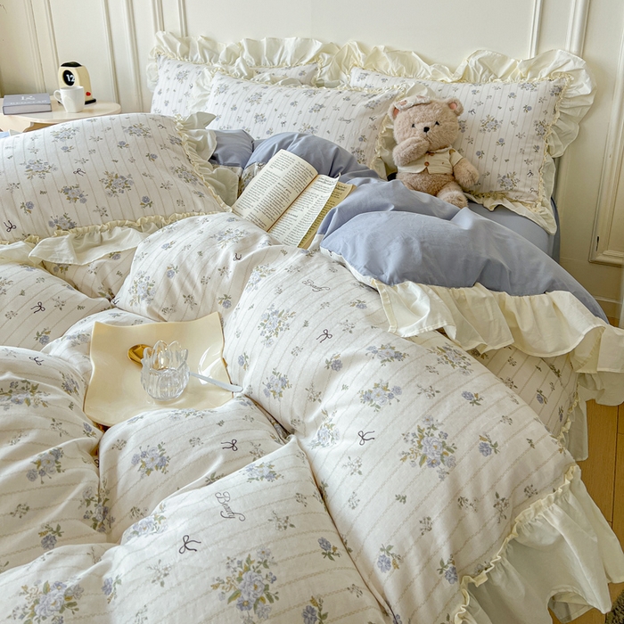 91家纺网 家纺一手货源 找家纺 涵宸家纺 2025新款A类全棉双层纱荷叶花边四件套 花边-蓝萱