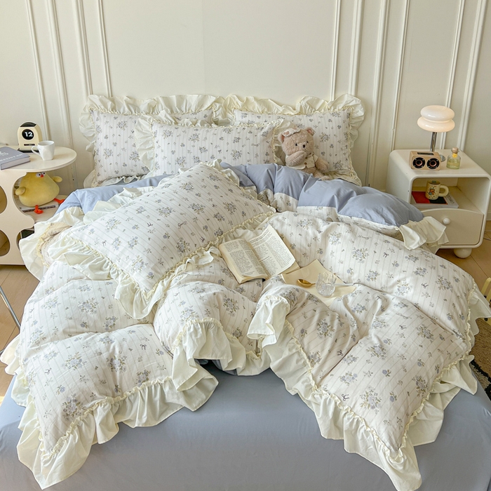 91家纺网 家纺一手货源 找家纺 涵宸家纺 2025新款A类全棉双层纱荷叶花边四件套 花边-蓝萱