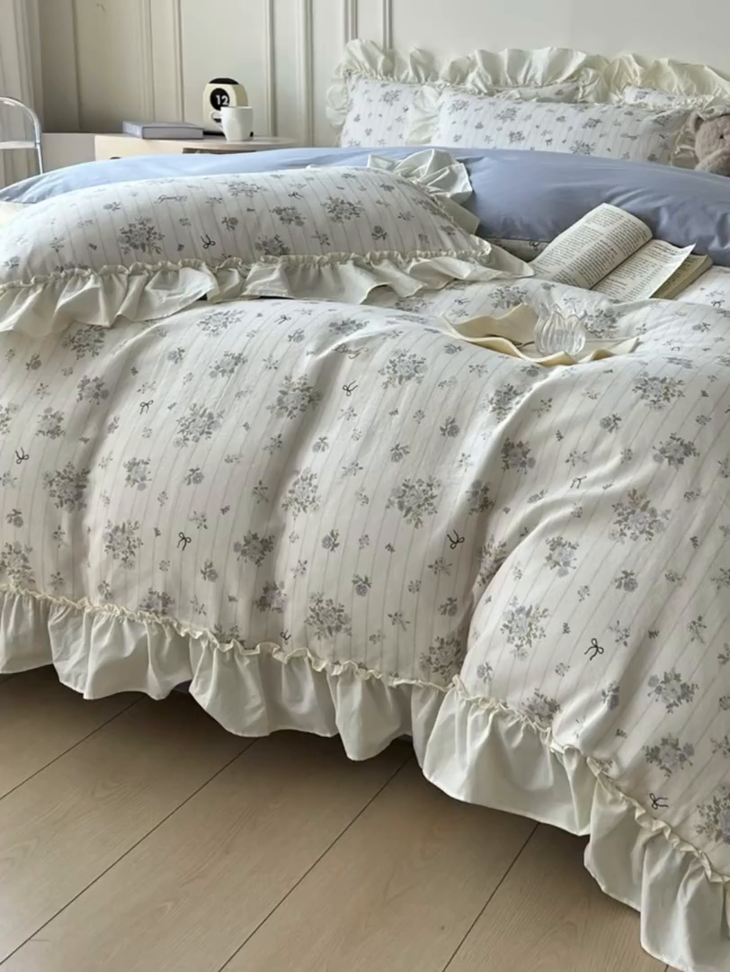 91家纺网 家纺一手货源 找家纺 涵宸家纺 2025新款A类全棉双层纱荷叶花边四件套 花边-蓝萱