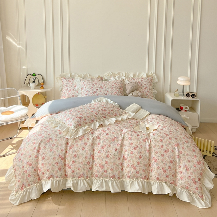 91家纺网 家纺一手货源 找家纺 涵宸家纺 2025新款A类全棉双层纱荷叶花边四件套 花边-玫瑰海岛