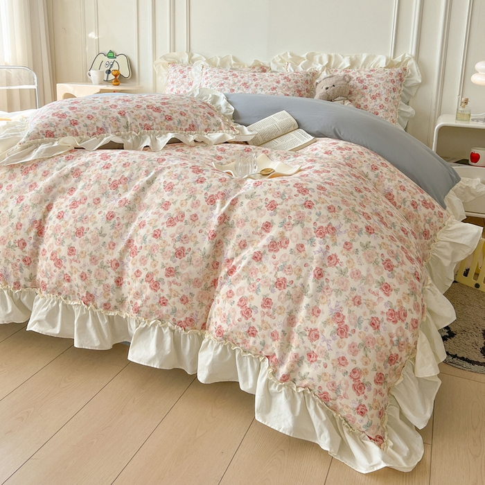 91家纺网 家纺一手货源 找家纺 涵宸家纺 2025新款A类全棉双层纱荷叶花边四件套 花边-玫瑰海岛