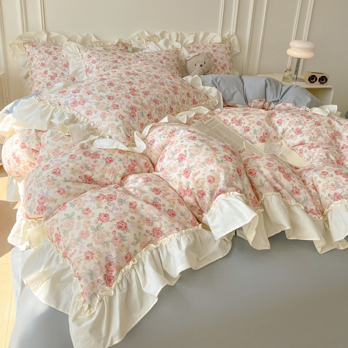 91家纺网 家纺一手货源 找家纺 涵宸家纺 2025新款A类全棉双层纱荷叶花边四件套 花边-玫瑰海岛