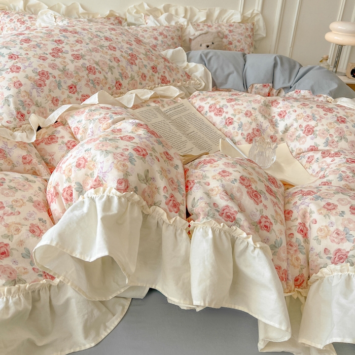 91家纺网 家纺一手货源 找家纺 涵宸家纺 2025新款A类全棉双层纱荷叶花边四件套 花边-玫瑰海岛