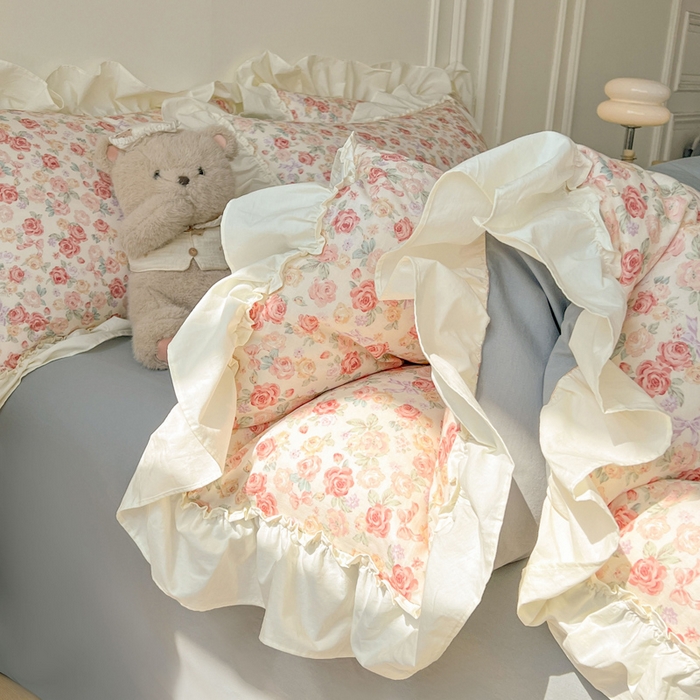 91家纺网 家纺一手货源 找家纺 涵宸家纺 2025新款A类全棉双层纱荷叶花边四件套 花边-玫瑰海岛