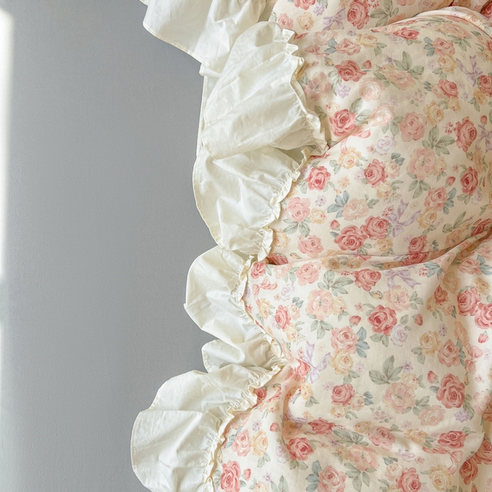 91家纺网 家纺一手货源 找家纺 涵宸家纺 2025新款A类全棉双层纱荷叶花边四件套 花边-玫瑰海岛