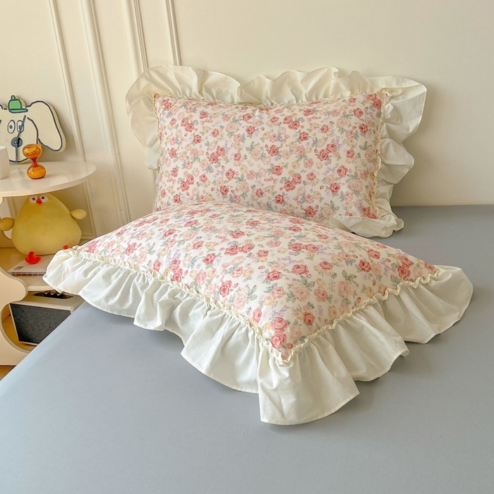 91家纺网 家纺一手货源 找家纺 涵宸家纺 2025新款A类全棉双层纱荷叶花边四件套 花边-玫瑰海岛