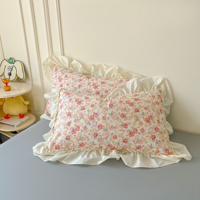 91家纺网 家纺一手货源 找家纺 涵宸家纺 2025新款A类全棉双层纱荷叶花边四件套 花边-玫瑰海岛