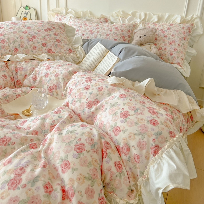 91家纺网 家纺一手货源 找家纺 涵宸家纺 2025新款A类全棉双层纱荷叶花边四件套 花边-玫瑰海岛