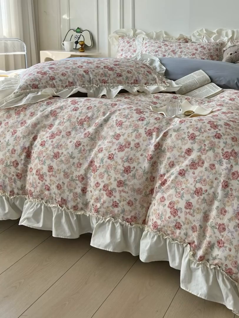 91家纺网 家纺一手货源 找家纺 涵宸家纺 2025新款A类全棉双层纱荷叶花边四件套 花边-玫瑰海岛