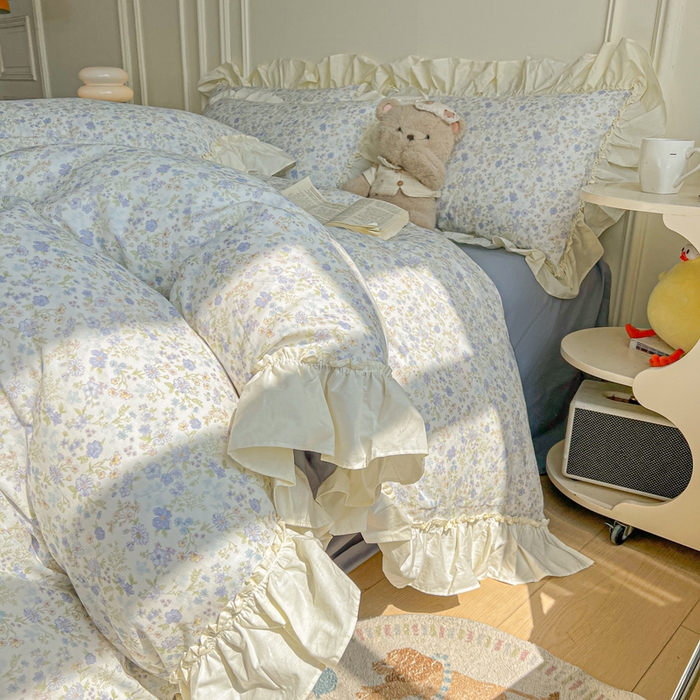 涵宸家纺 2025新款A类全棉双层纱荷叶花边四件套 花边-莫奈蓝