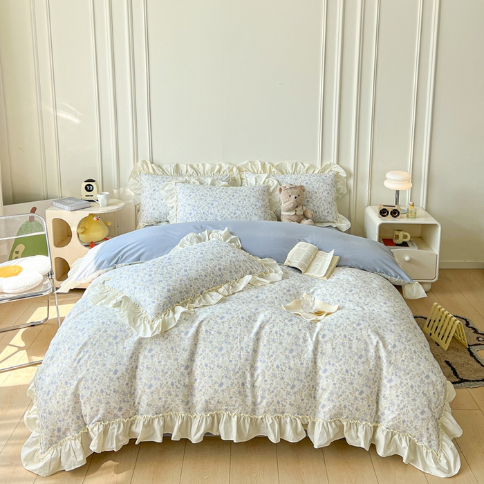 91家纺网 家纺一手货源 找家纺 涵宸家纺 2025新款A类全棉双层纱荷叶花边四件套 花边-莫奈蓝