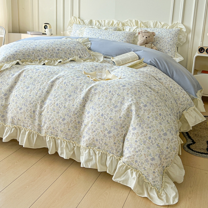 91家纺网 家纺一手货源 找家纺 涵宸家纺 2025新款A类全棉双层纱荷叶花边四件套 花边-莫奈蓝