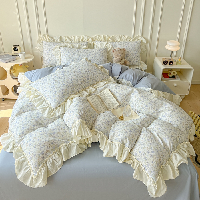 91家纺网 家纺一手货源 找家纺 涵宸家纺 2025新款A类全棉双层纱荷叶花边四件套 花边-莫奈蓝