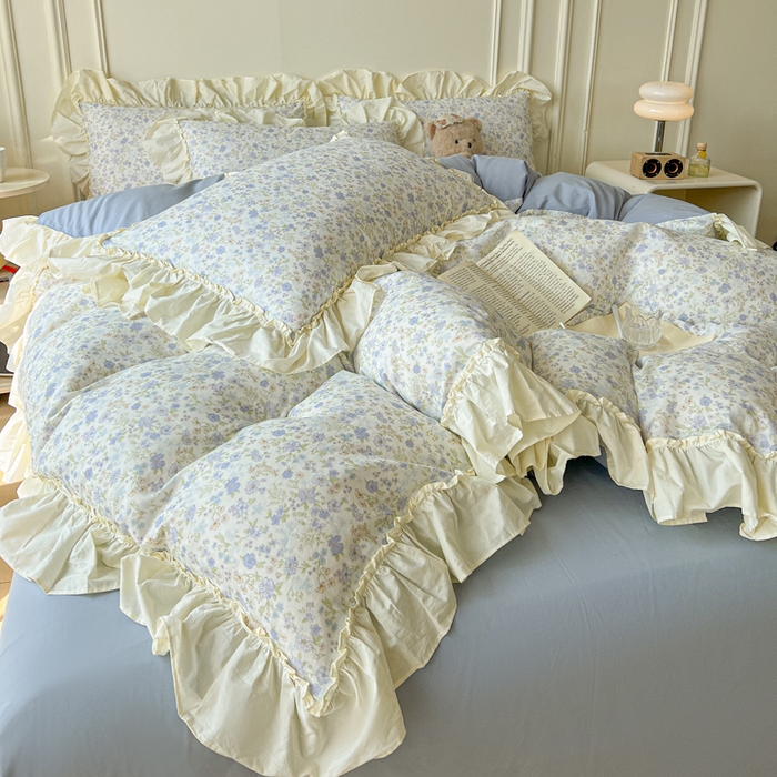 91家纺网 家纺一手货源 找家纺 涵宸家纺 2025新款A类全棉双层纱荷叶花边四件套 花边-莫奈蓝