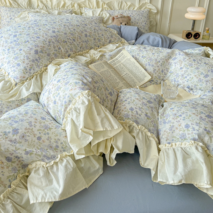 91家纺网 家纺一手货源 找家纺 涵宸家纺 2025新款A类全棉双层纱荷叶花边四件套 花边-莫奈蓝