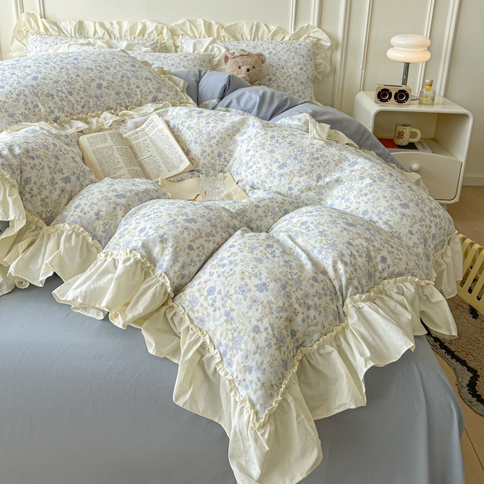 91家纺网 家纺一手货源 找家纺 涵宸家纺 2025新款A类全棉双层纱荷叶花边四件套 花边-莫奈蓝