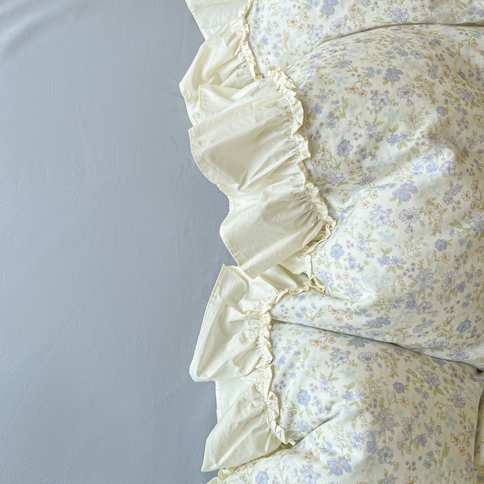 91家纺网 家纺一手货源 找家纺 涵宸家纺 2025新款A类全棉双层纱荷叶花边四件套 花边-莫奈蓝