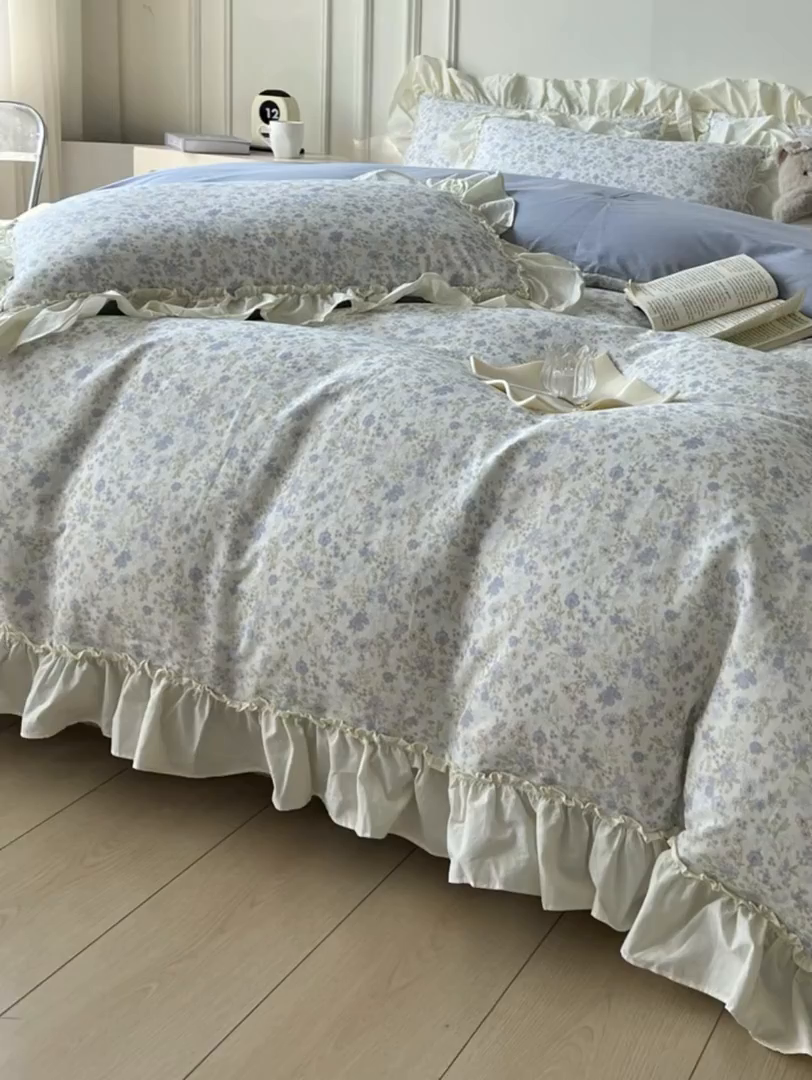 91家纺网 家纺一手货源 找家纺 涵宸家纺 2025新款A类全棉双层纱荷叶花边四件套 花边-莫奈蓝