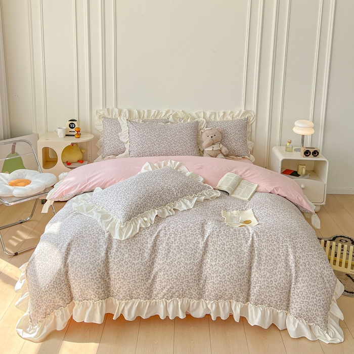 91家纺网 家纺一手货源 找家纺 涵宸家纺 2025新款A类全棉双层纱荷叶花边四件套 花边-甜酷豹纹