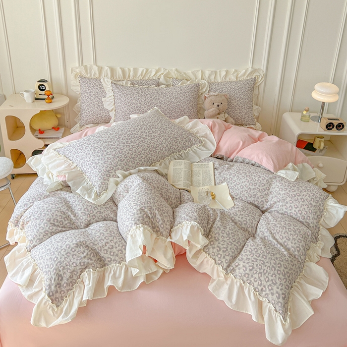 91家纺网 家纺一手货源 找家纺 涵宸家纺 2025新款A类全棉双层纱荷叶花边四件套 花边-甜酷豹纹