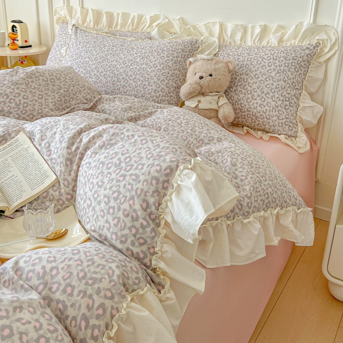 91家纺网 家纺一手货源 找家纺 涵宸家纺 2025新款A类全棉双层纱荷叶花边四件套 花边-甜酷豹纹